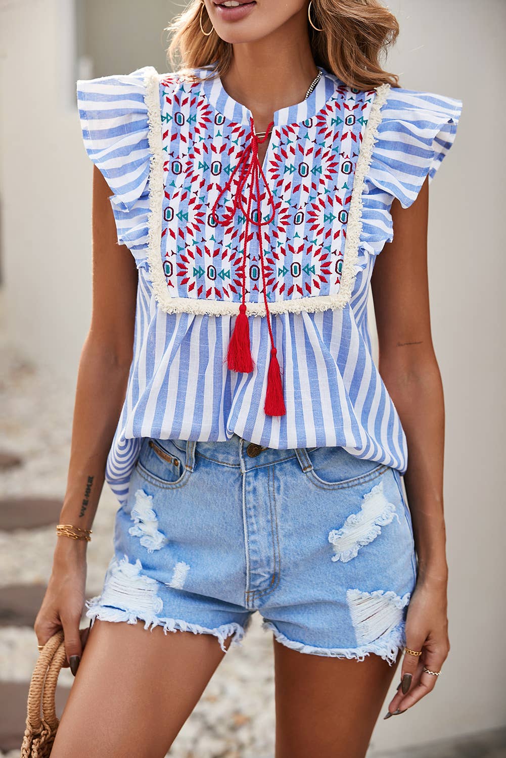 Embroidered Tassel Top