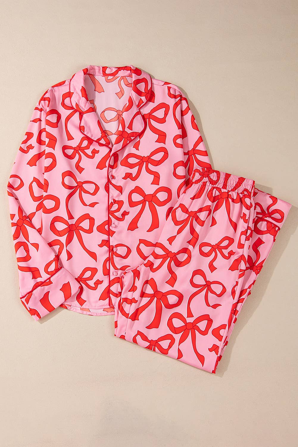 Bow Pajama Set - Button Up Shirt and Long Pants