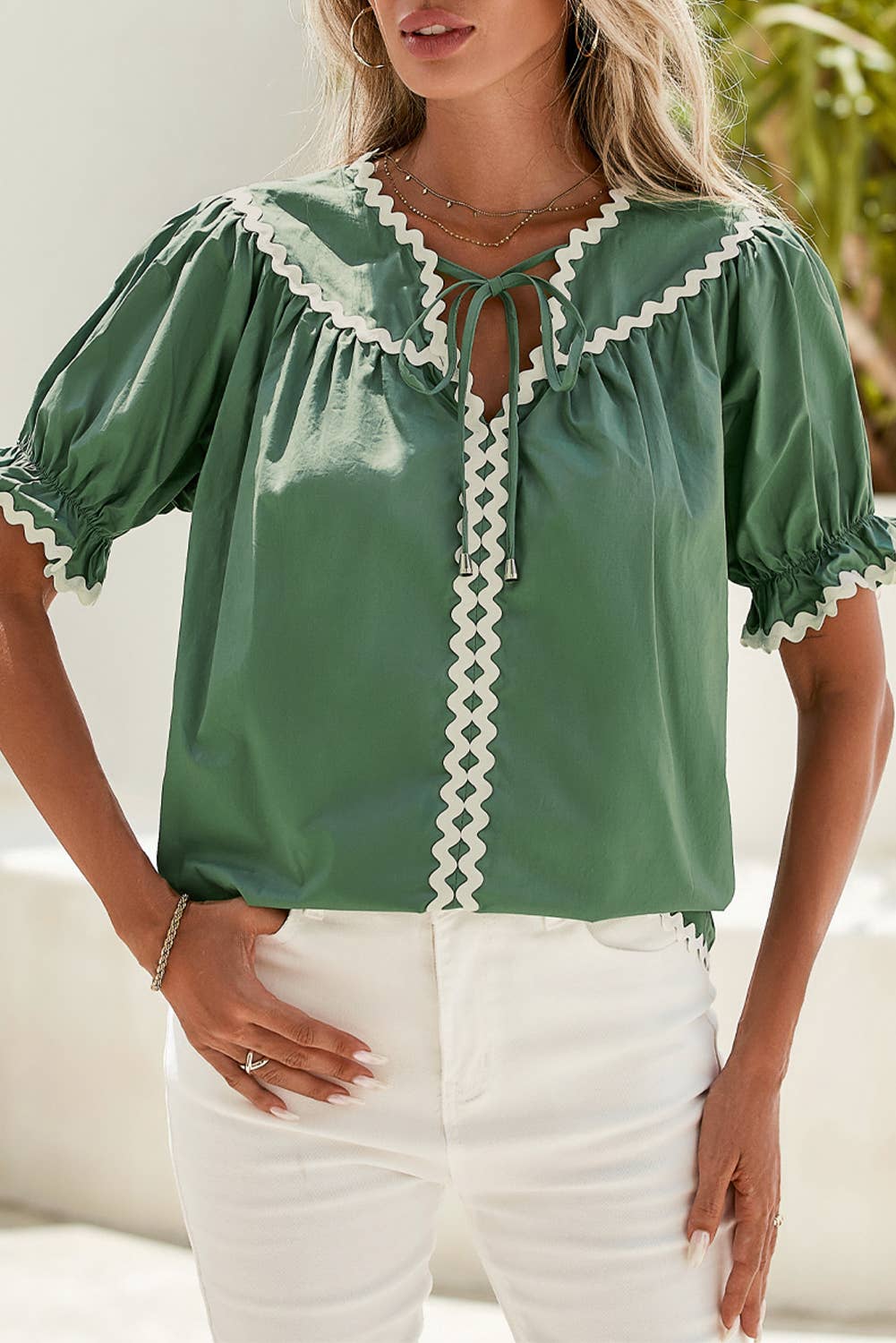 LDC Ric Rac Trim Tie Split Neck Short Sleeve Blouse