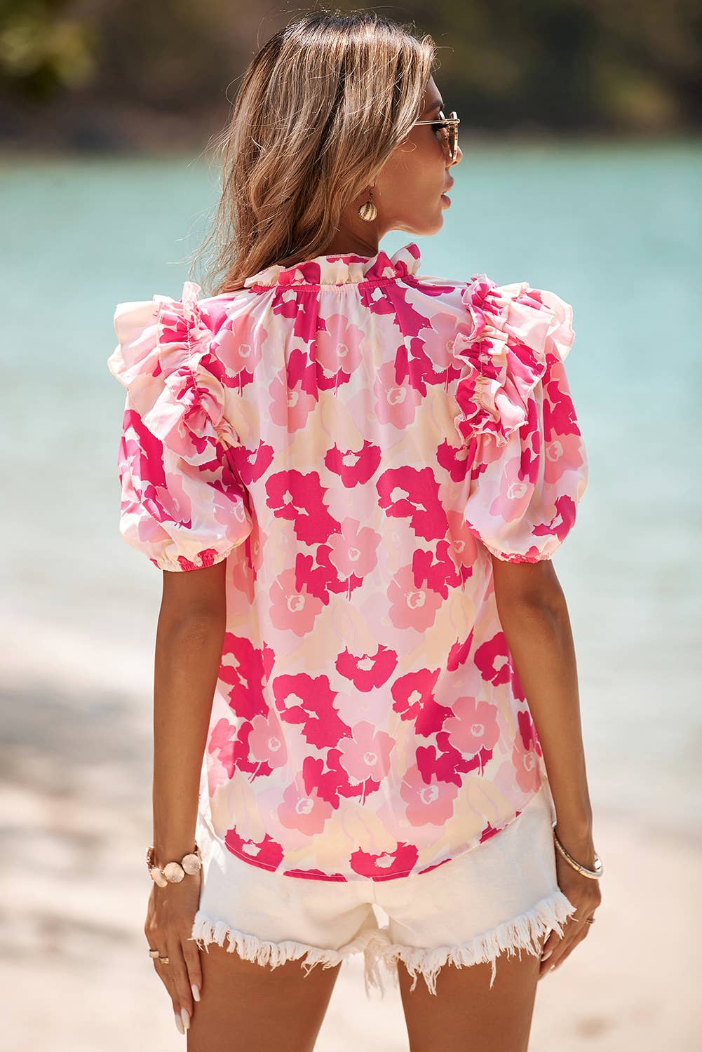 Split Neck Ruffled Puff Sleeves Floral Blouse