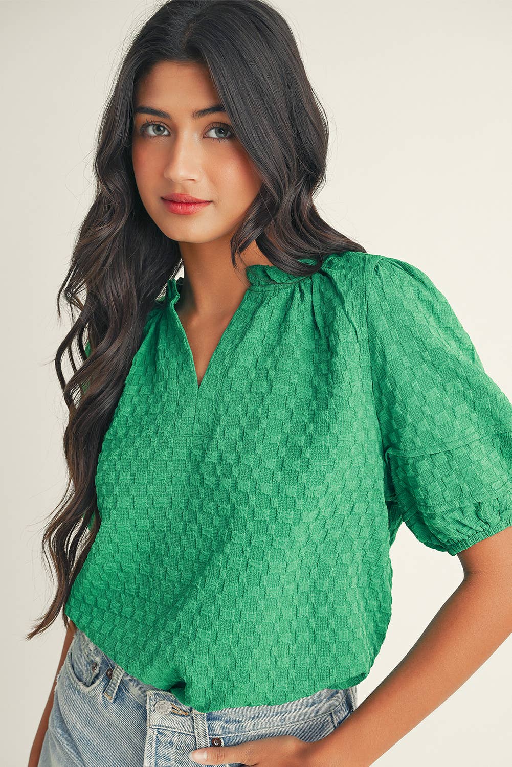 Textured Puff Short Sleeve V Neck Top