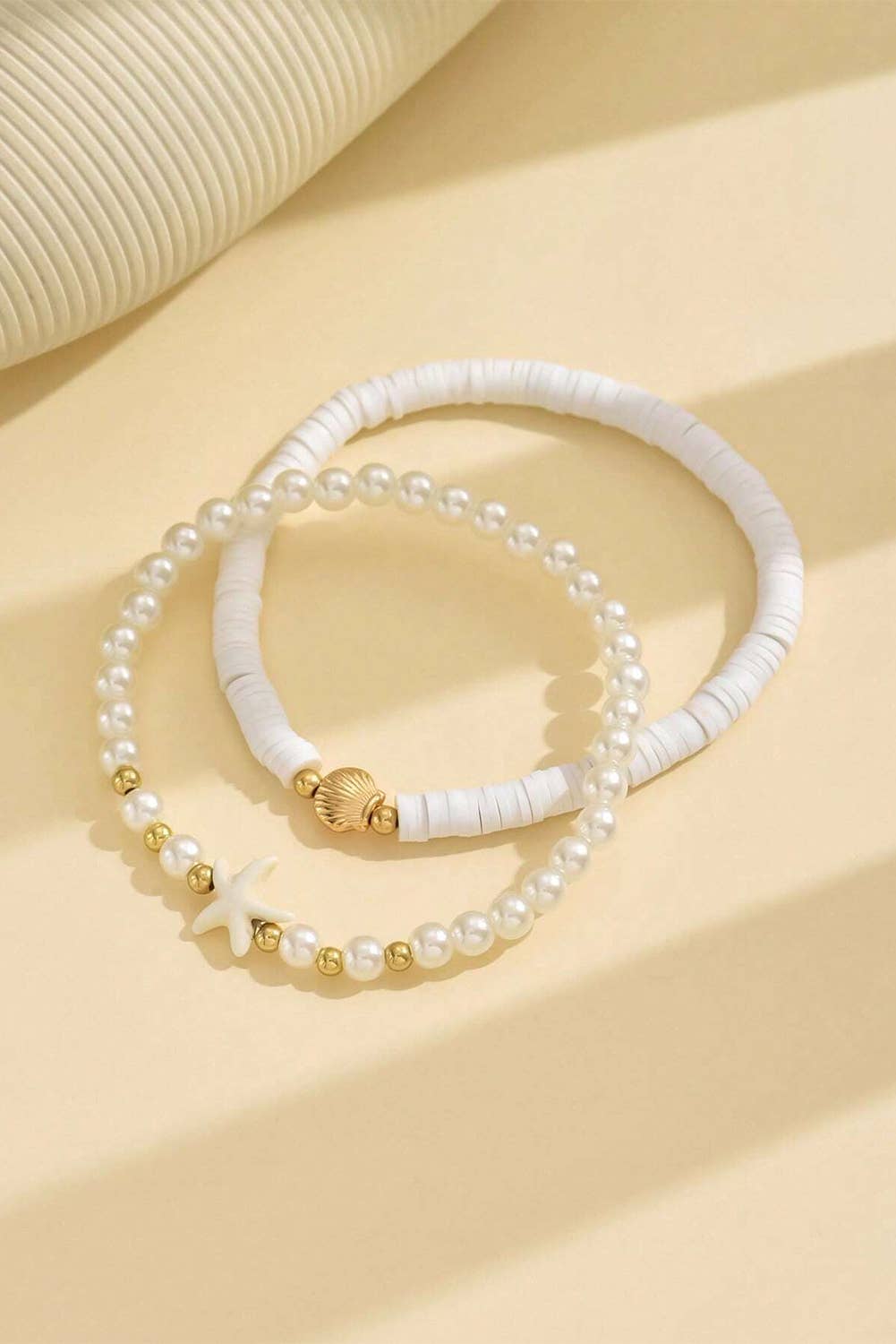 LDC Starfish Shell Pearl Decor Beaded Double Layer Anklet