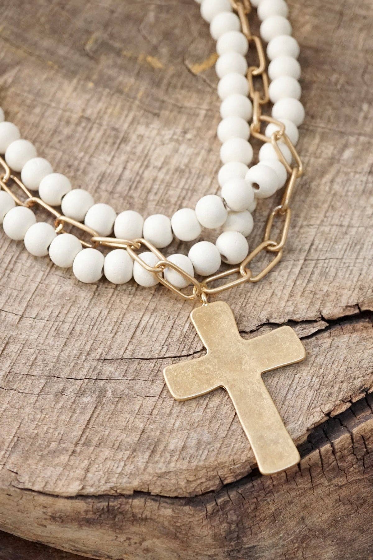 Multi Strand Wood Beaded Cross Necklace Cream