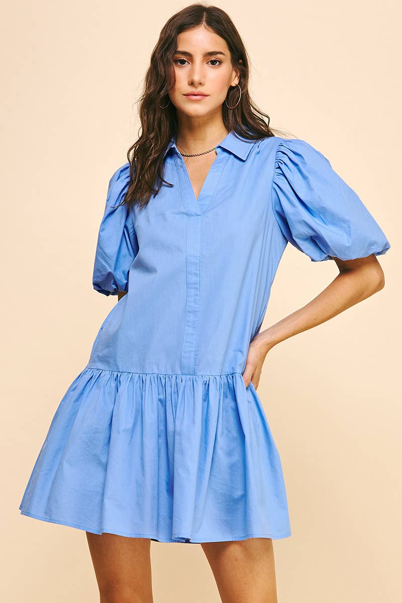 Baby Blue Collared Dress with Bubble Sleeve