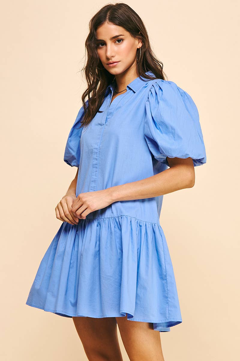 Baby Blue Collared Dress with Bubble Sleeve