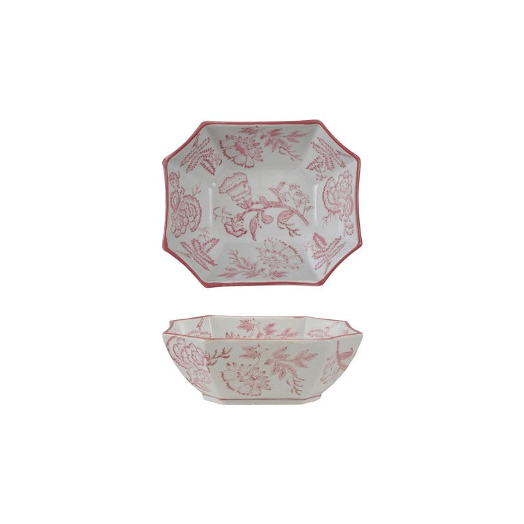 Pink and White Stoneware Floral Bowls