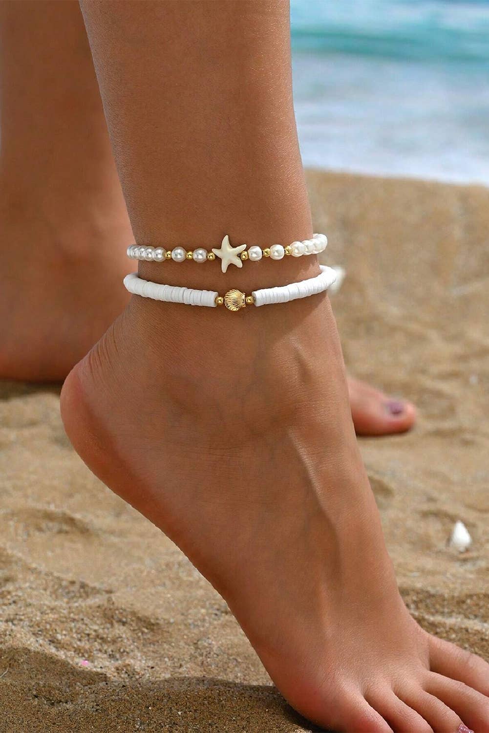 LDC Starfish Shell Pearl Decor Beaded Double Layer Anklet