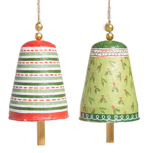 Patterned Paper Mache Christmas Bell Ornament