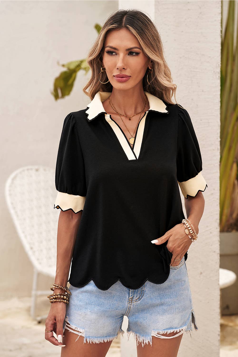 LDC Color Contrast Collared V Neck Puff Sleeve Blouse