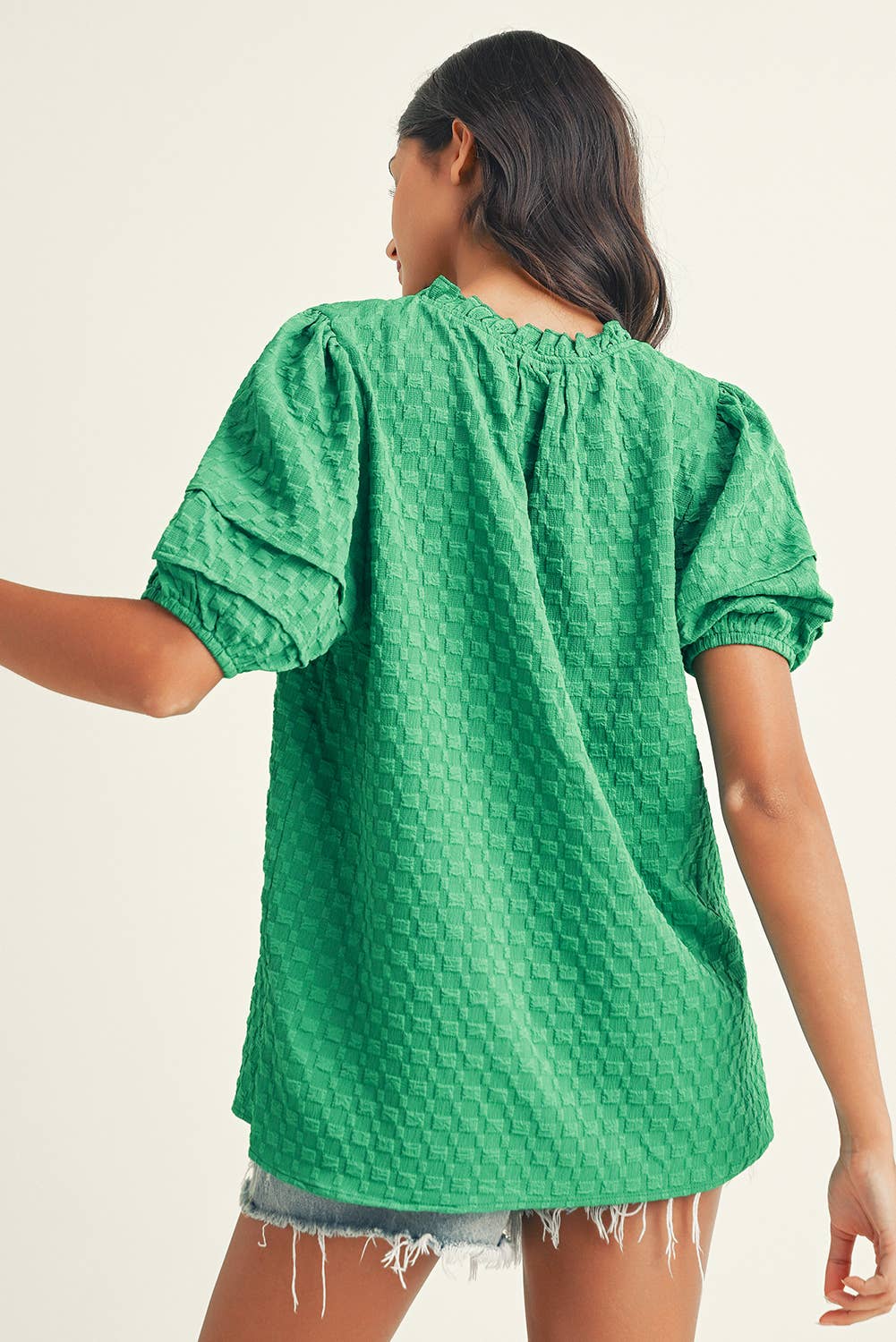 Textured Puff Short Sleeve V Neck Top