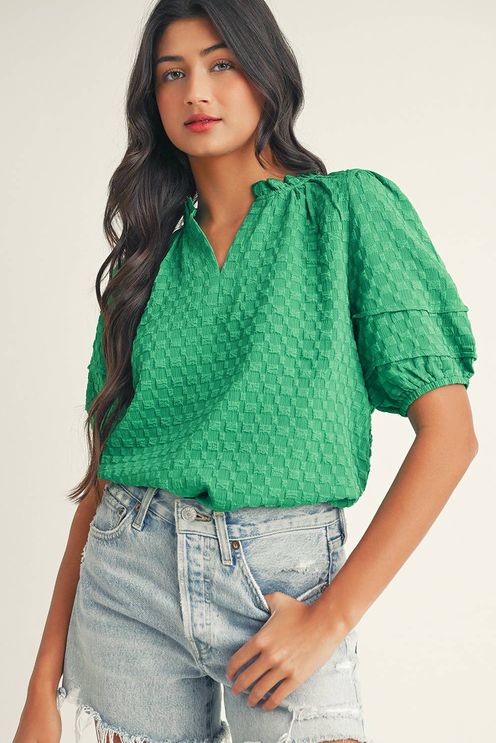 Textured Puff Short Sleeve V Neck Top