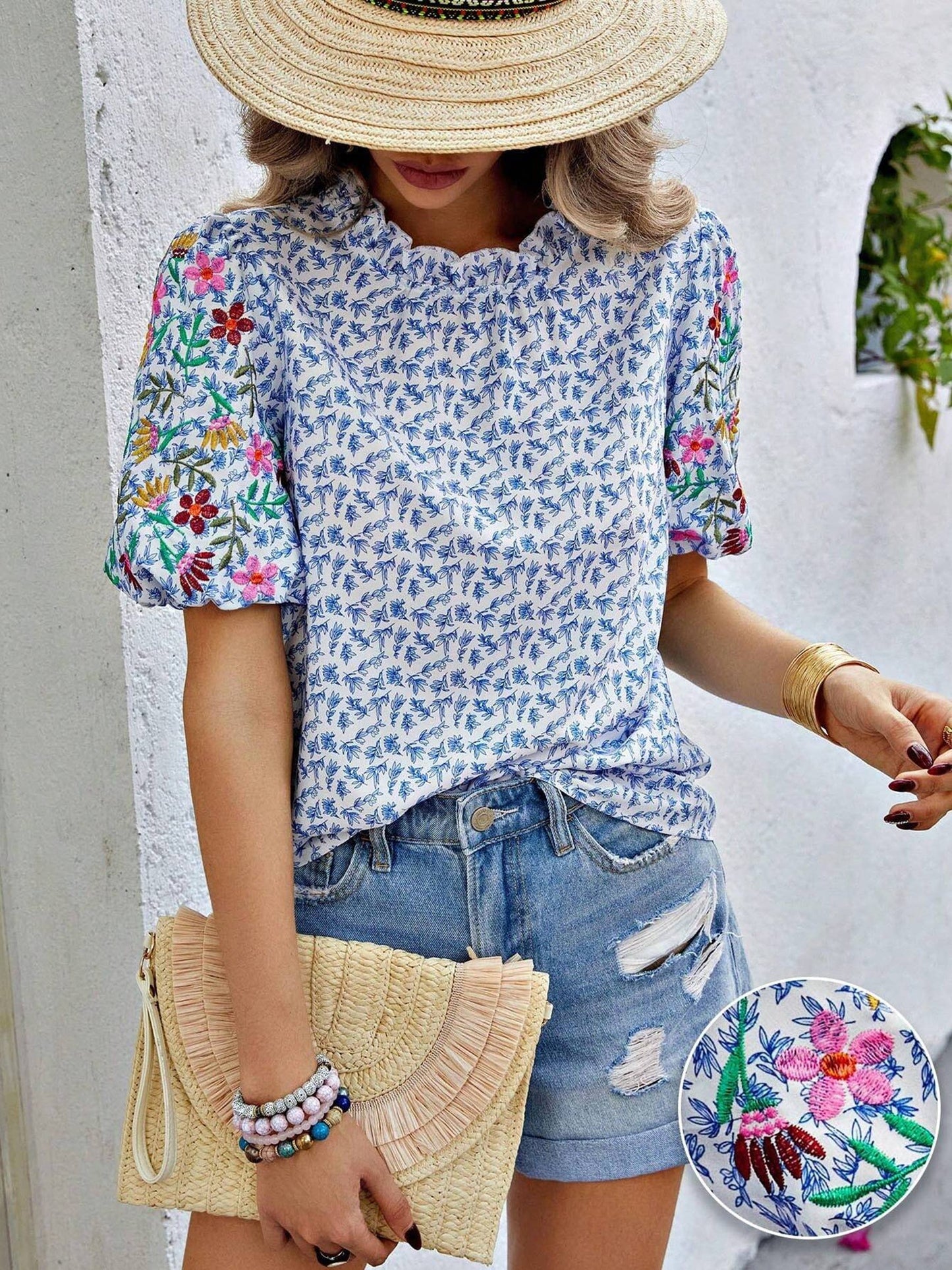 Printed Buckle Wave Neck Short Color Block Top
