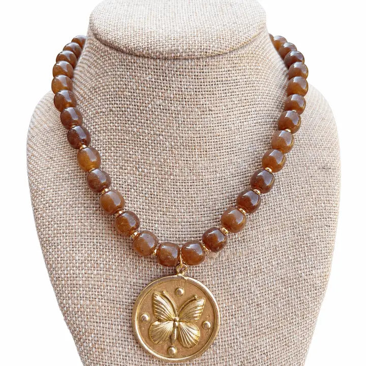 Brown Round Bead Butterfly Necklace
