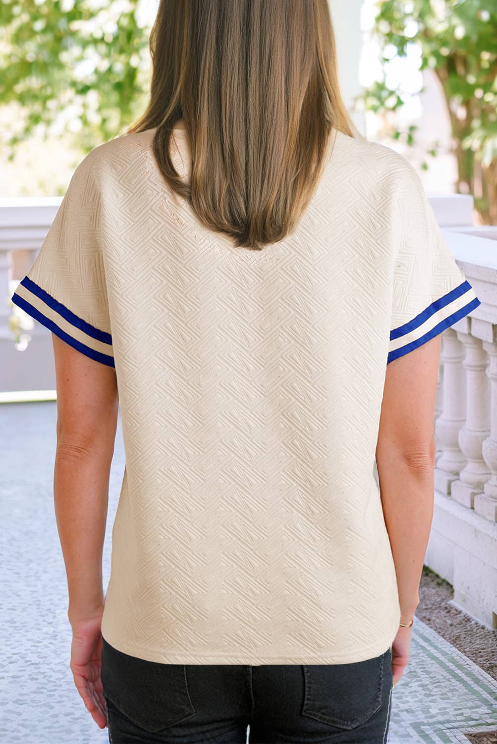 LDC Striped Trim Textured Colorblock Short Sleeve Top