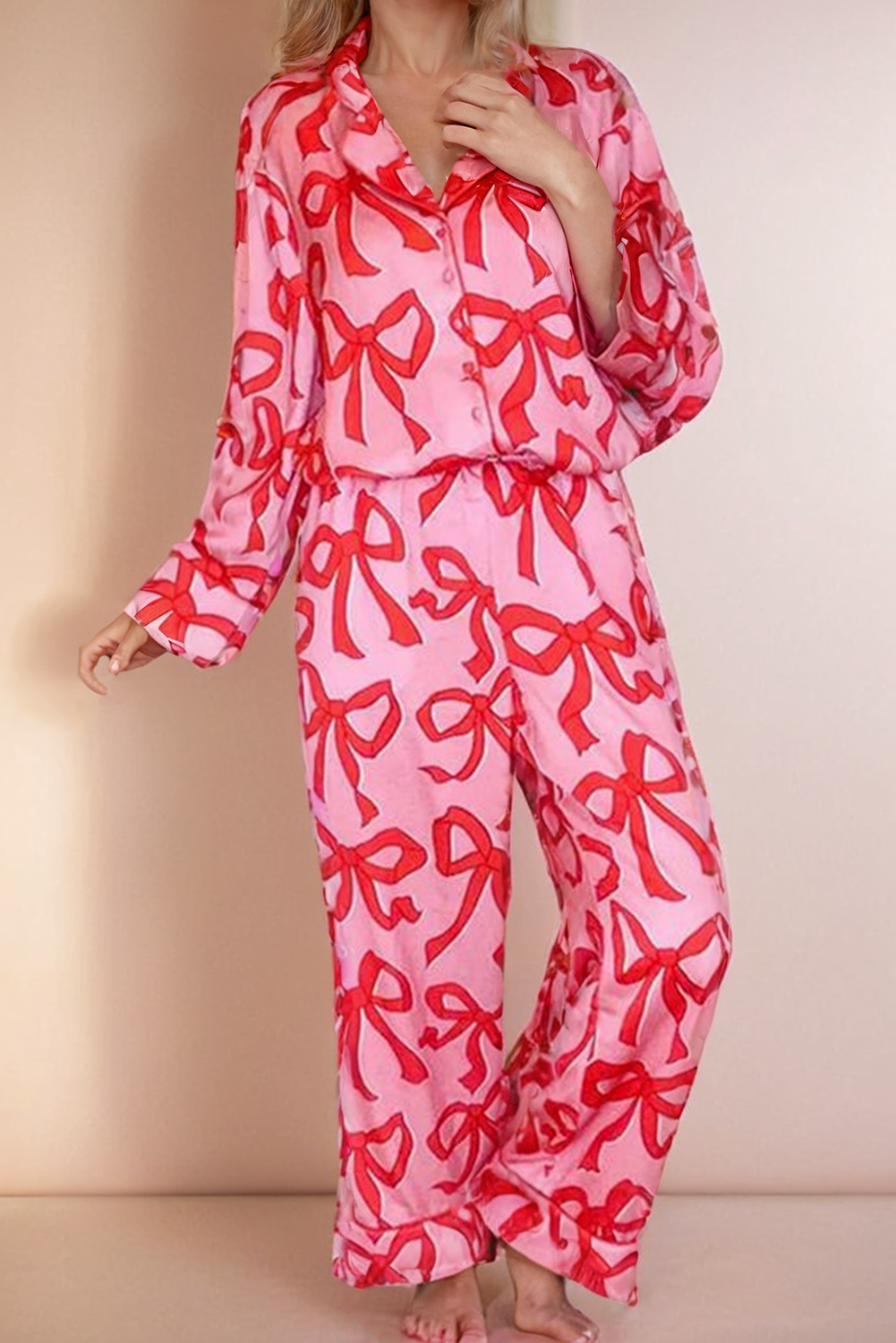 Bow Pajama Set - Button Up Shirt and Long Pants