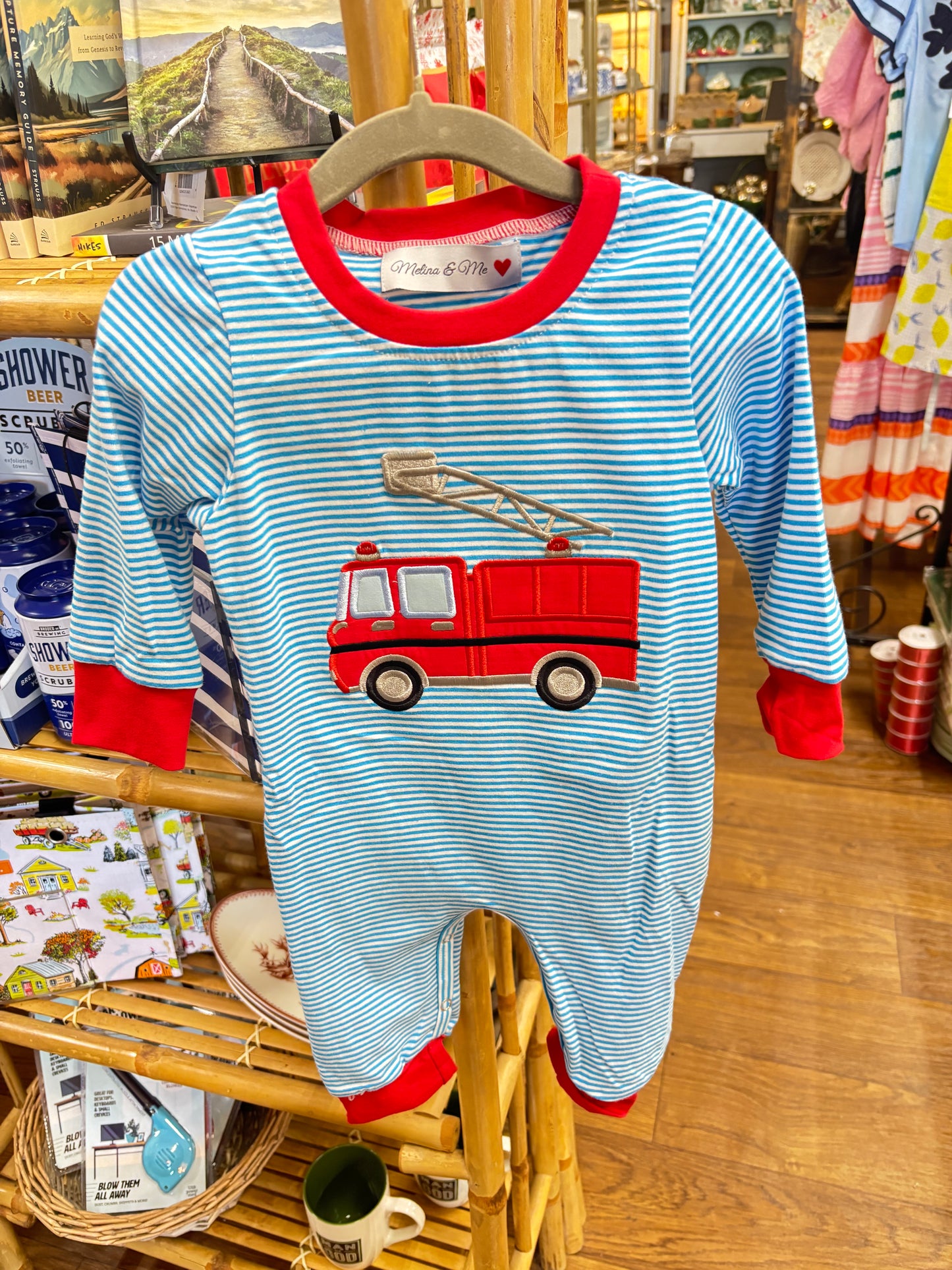 Boys Blue and White Stripped Firetruck Romper