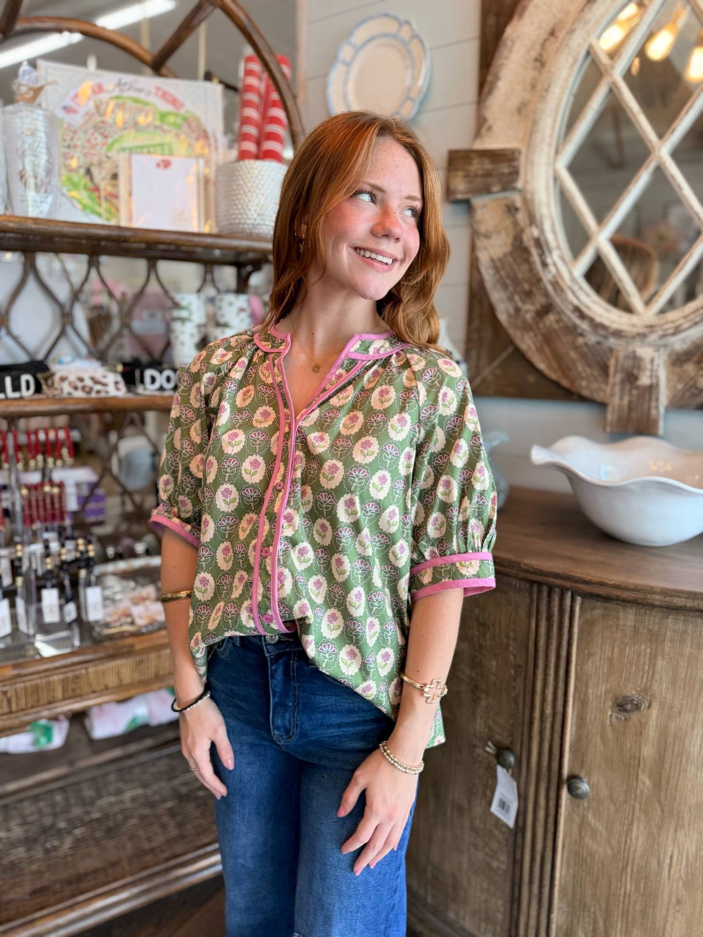 Green Floral Peplum Top