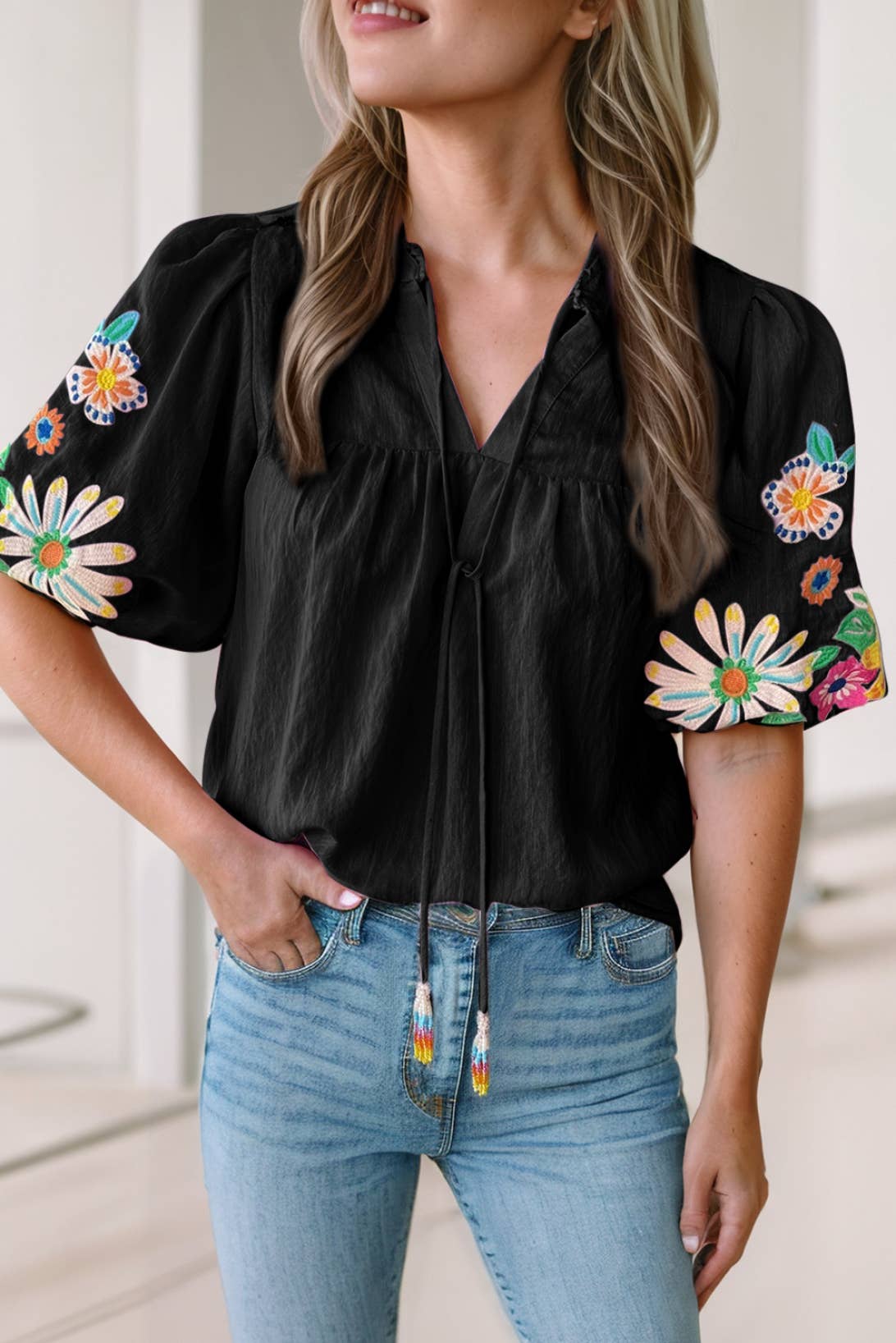 Black Embroidered Sleeve Top