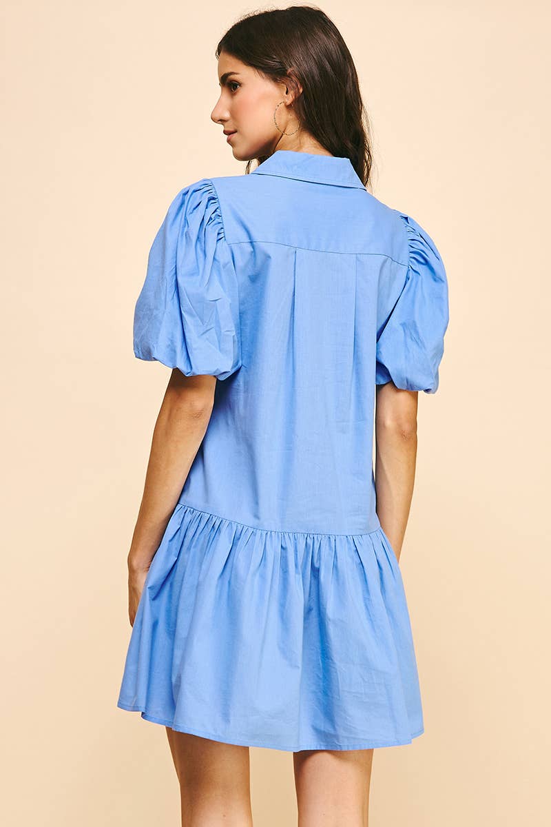 Baby Blue Collared Dress with Bubble Sleeve