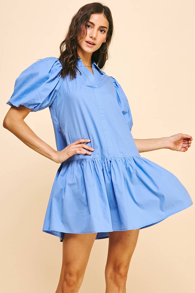 Baby Blue Collared Dress with Bubble Sleeve
