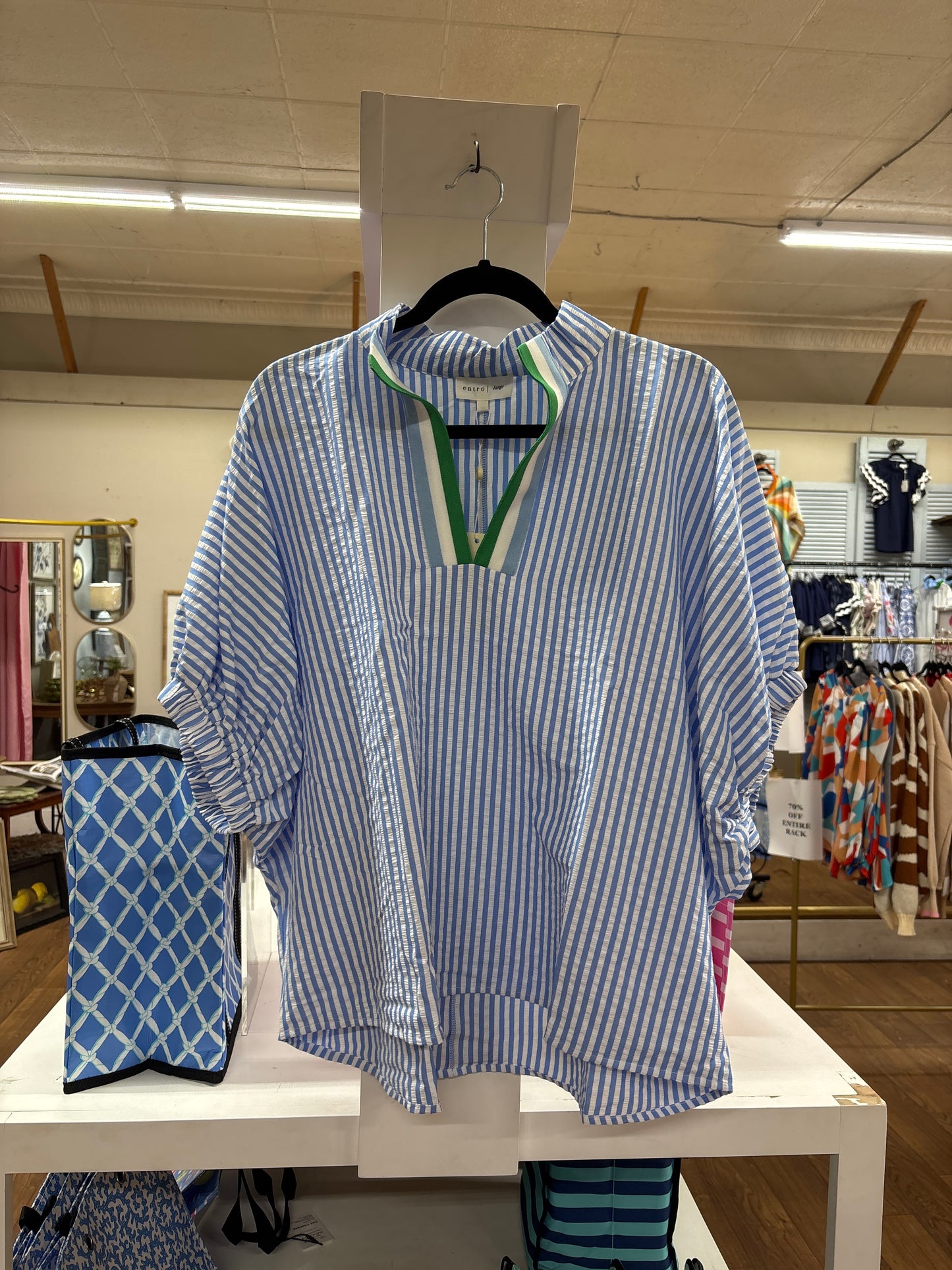 Blue and White Striped Top with Green Collar