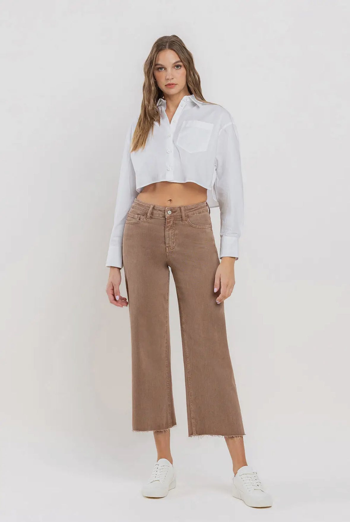 Olivia - High Rise Crop Wide Leg Jeans in Chocolate