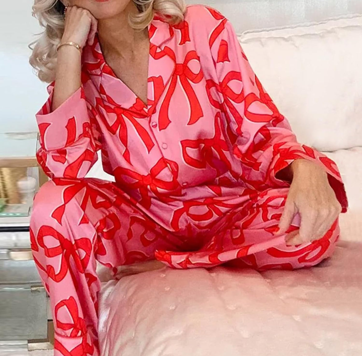 Bow Pajama Set - Button Up Shirt and Long Pants