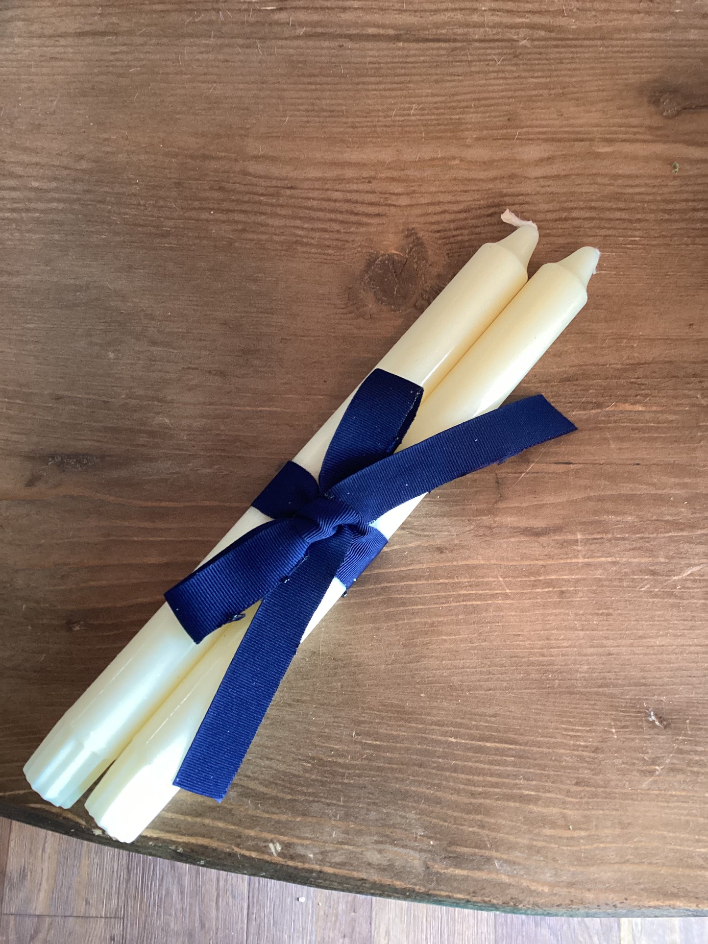 Ivory Candle Stick with Navy Ribbon