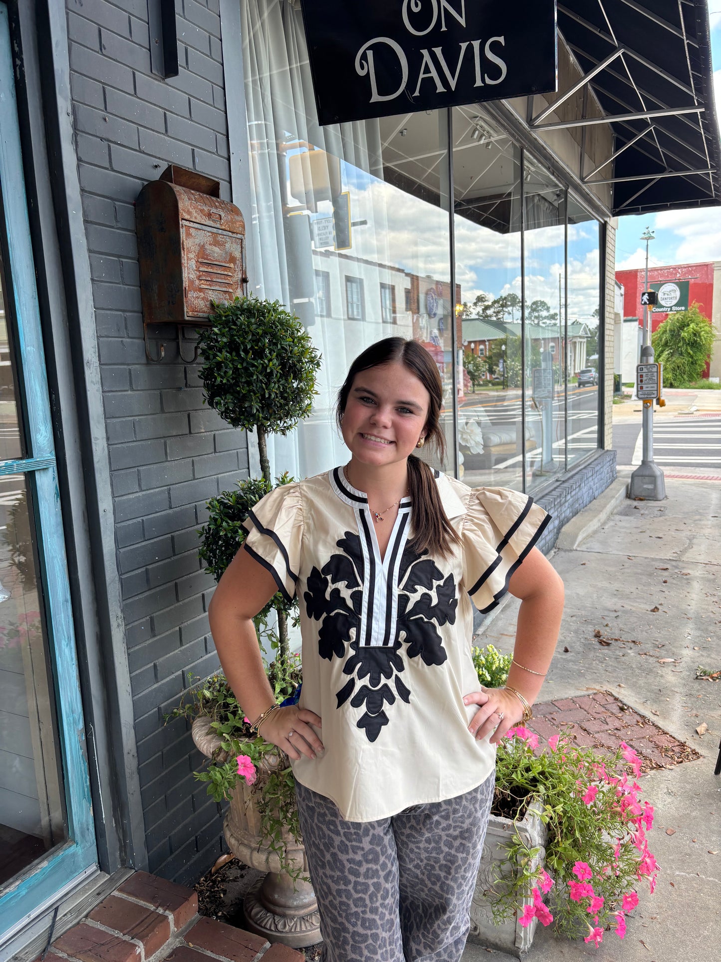 Taupe and Black Blouse