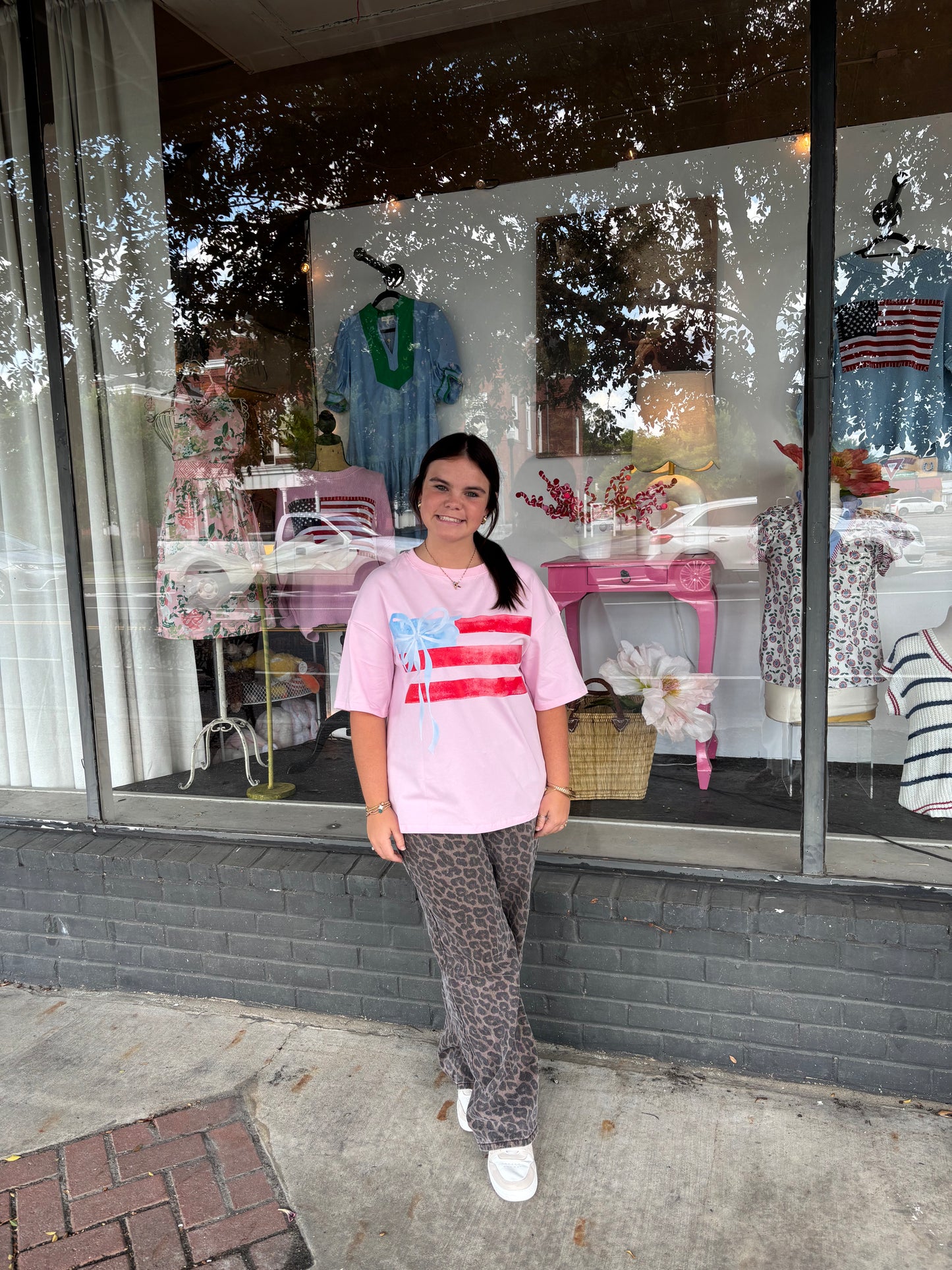 Pink American Flag Bow T-Shirt