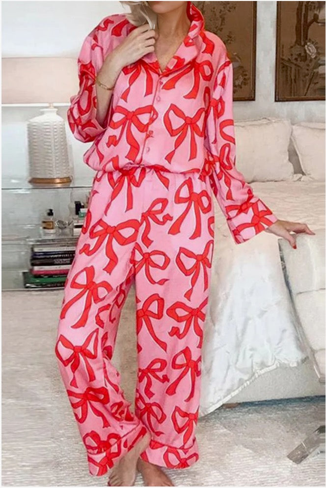 Bow Pajama Set - Button Up Shirt and Long Pants