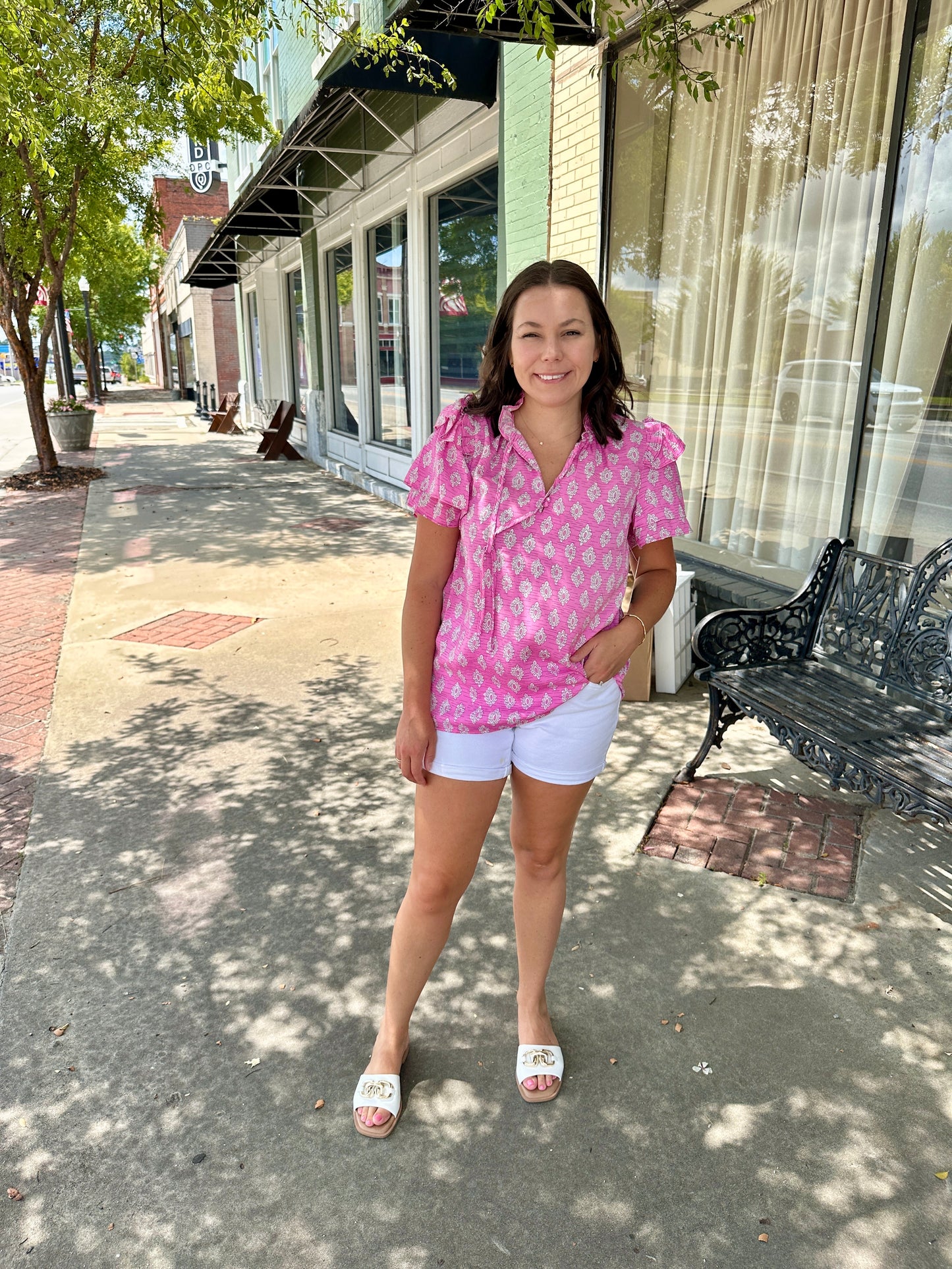 Vintage Floral Ruffled Split Neck Blouse