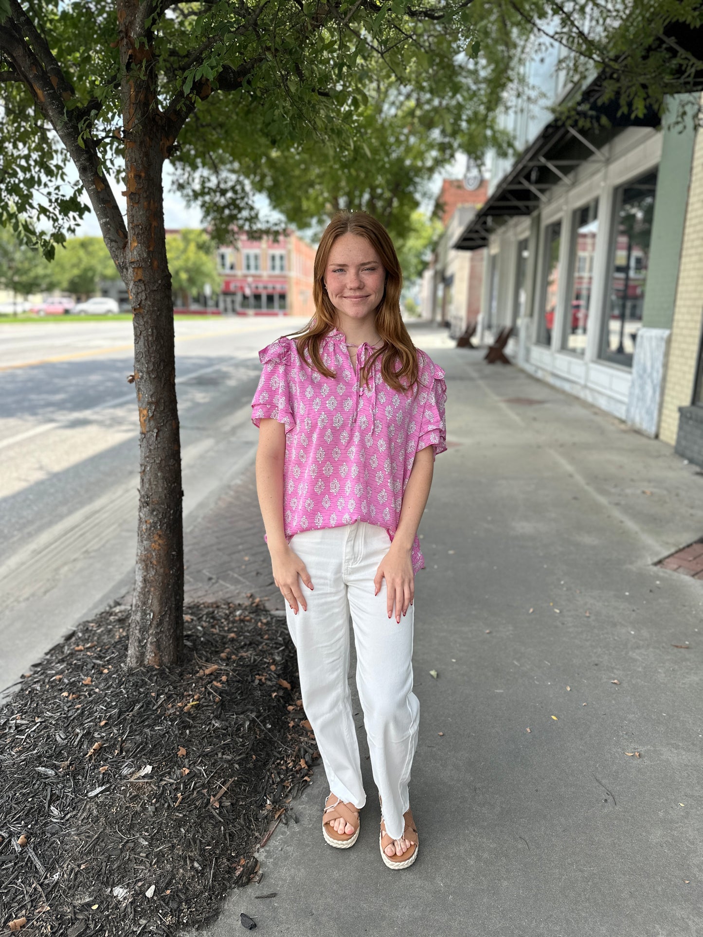 Vintage Floral Ruffled Split Neck Blouse