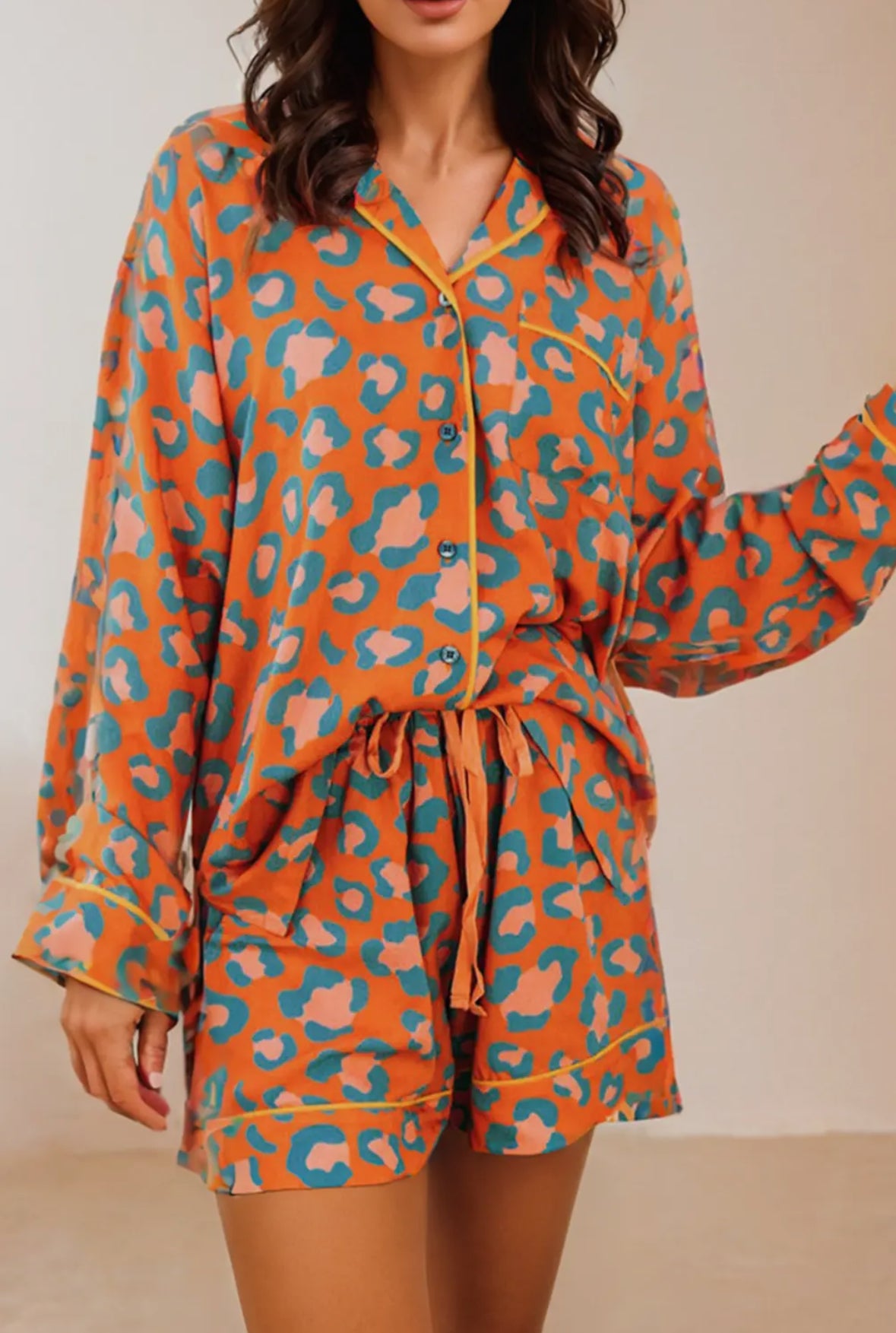 Orange Leopard Long Sleeve Shirt + Shorts Pajama Set