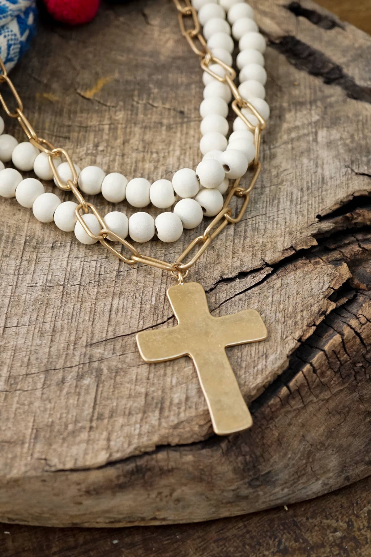 Multi Strand Wood Beaded Cross Necklace Cream