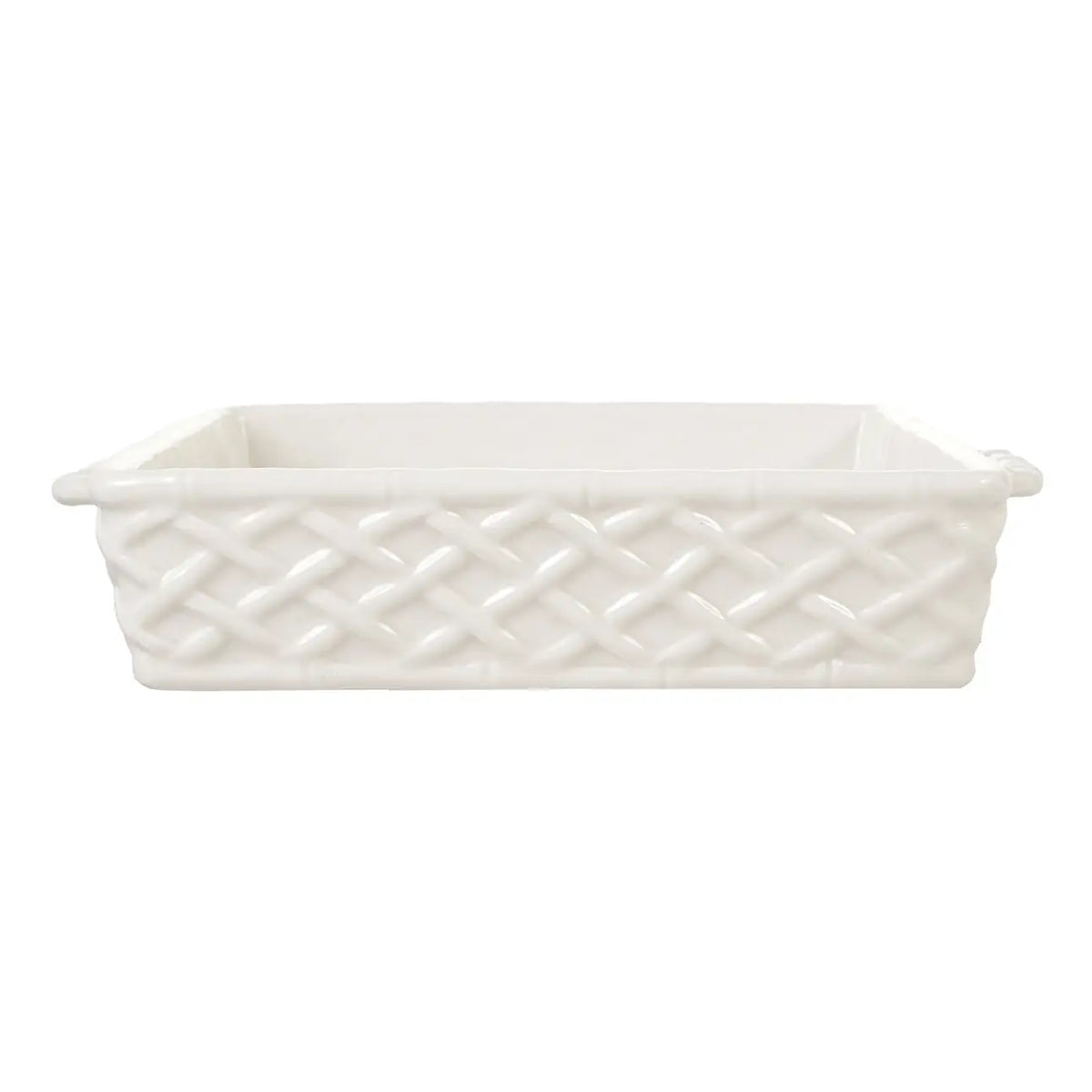Stoneware Basket Weave Baker W Handles White