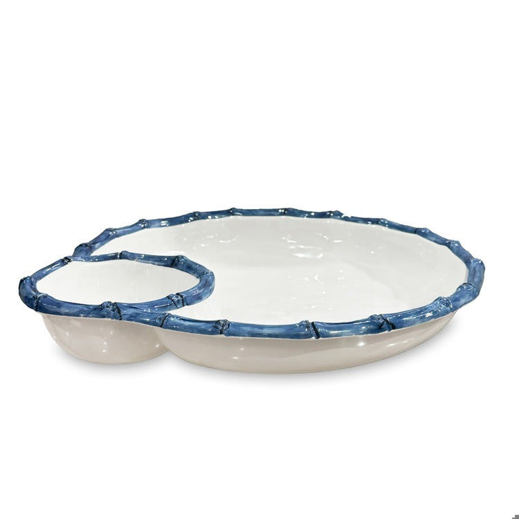 VIDA Bamboo Large Chip & Dip Bowl (White and Blue)