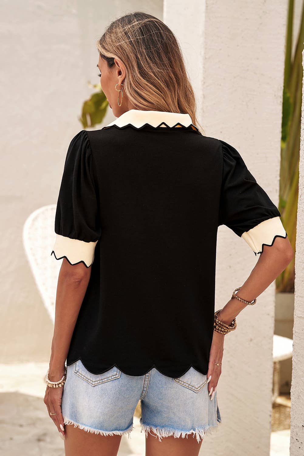 LDC Color Contrast Collared V Neck Puff Sleeve Blouse