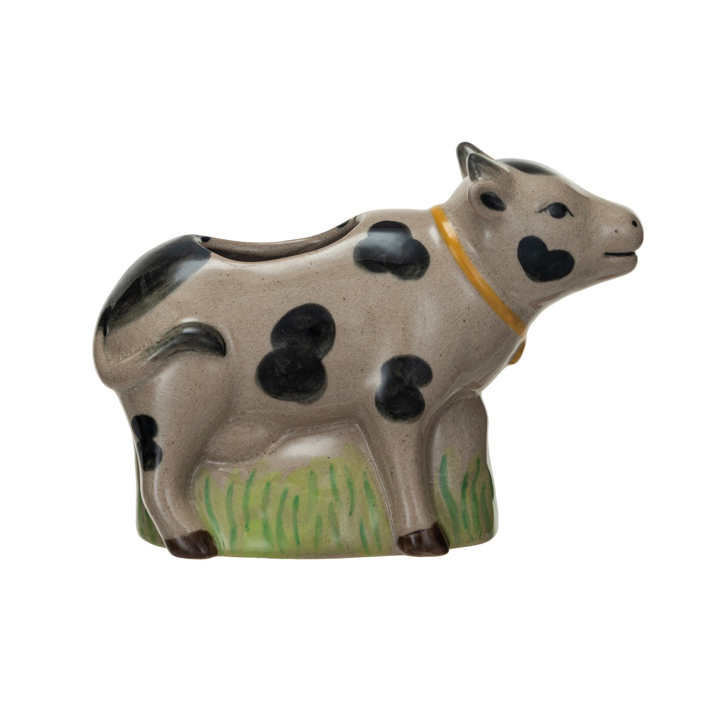 Hand-Painted Stoneware Cow Shaped Vase w/ Grass, Crackle Glaze (Each One Will Vary)