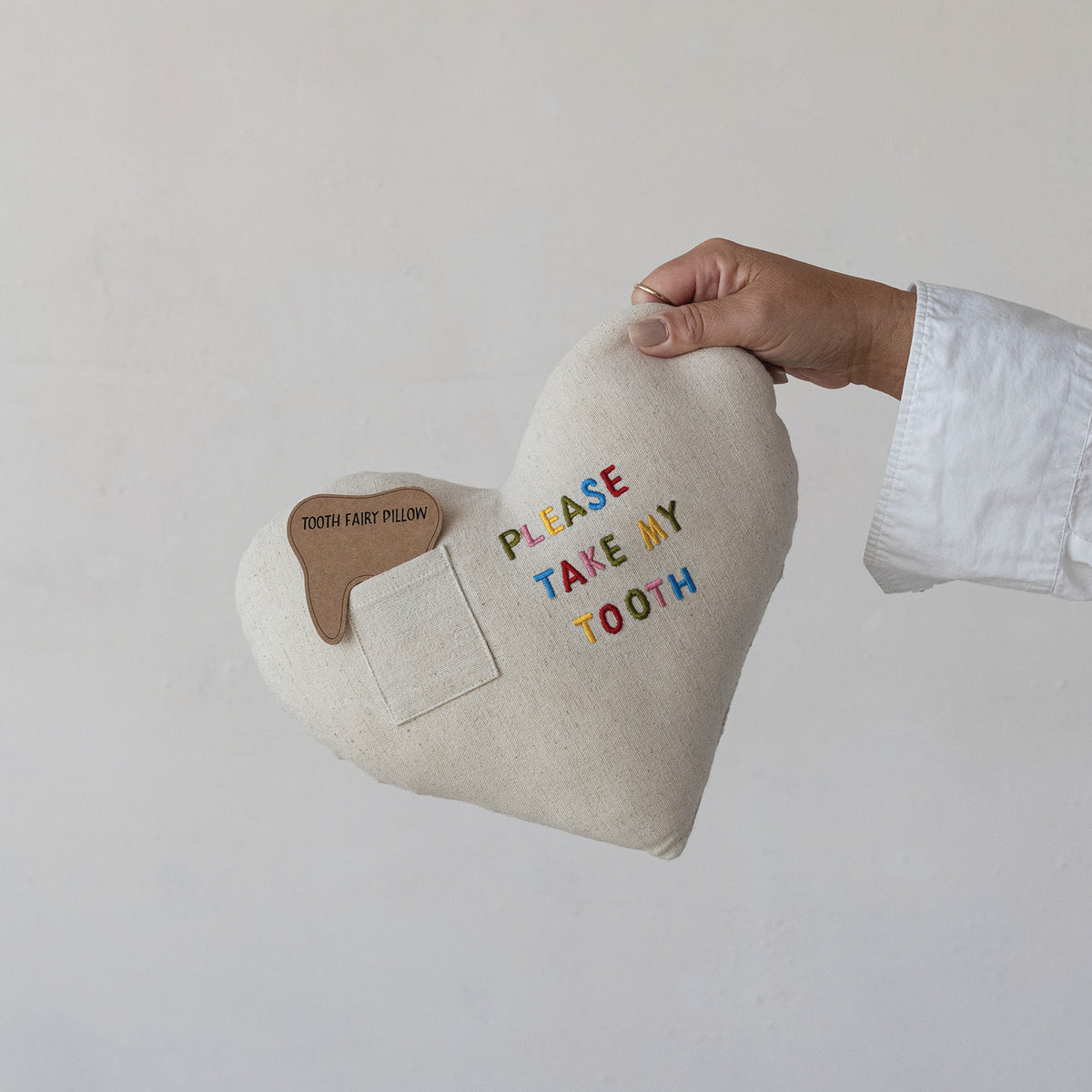 Cotton & Linen Tooth Fairy Pillow with Pocket & Embroidery "Please Take My Tooth"