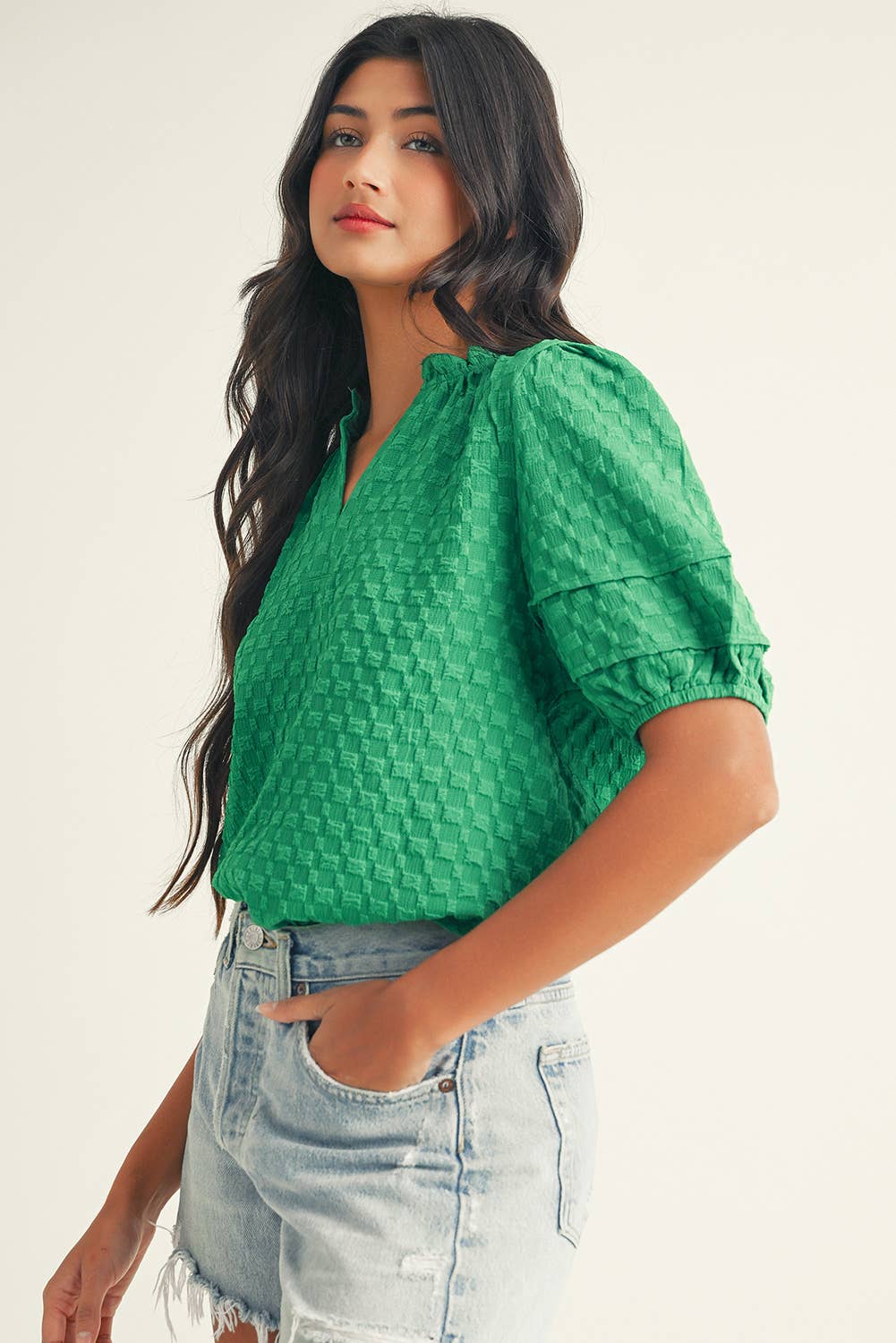 Textured Puff Short Sleeve V Neck Top