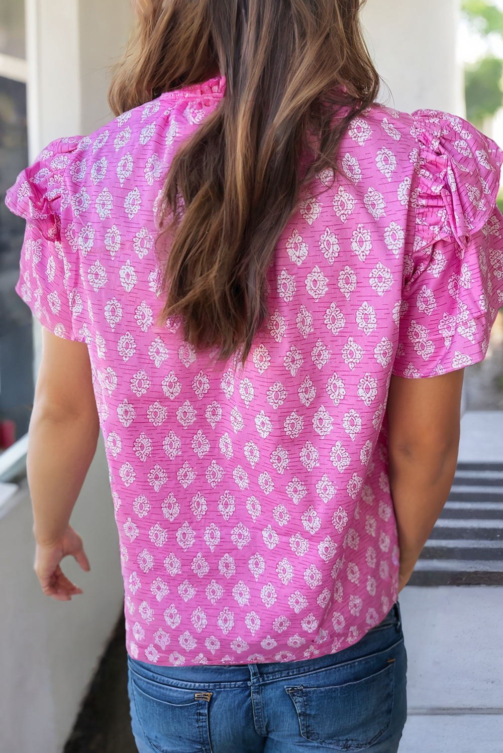 Vintage Floral Ruffled Split Neck Blouse