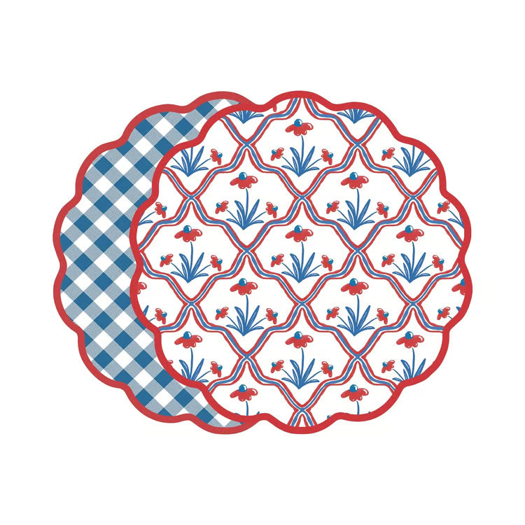 VIDA Americana Floral and Gingham Reversible Placemats Set of 4 (Red & Blue)