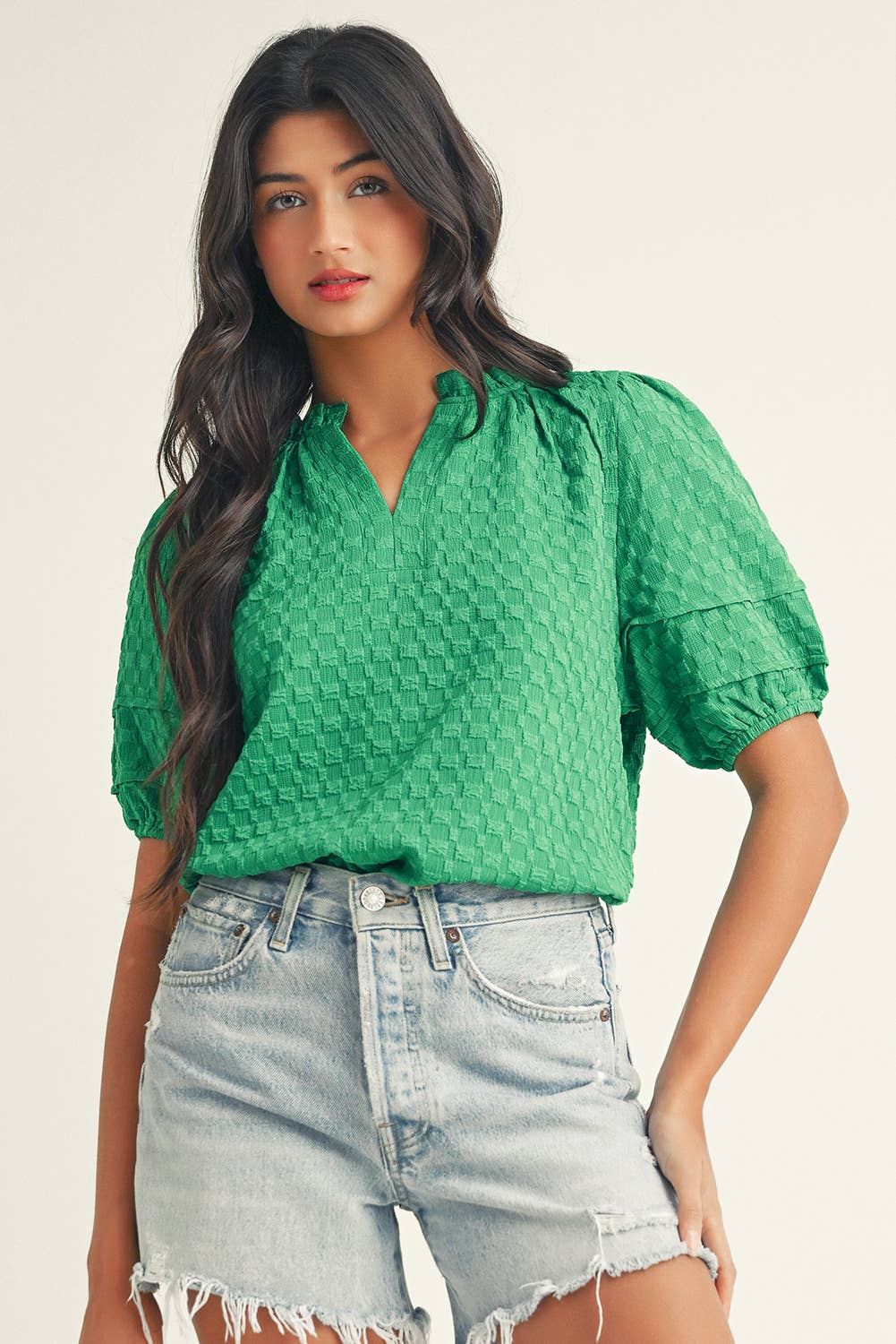 Textured Puff Short Sleeve V Neck Top