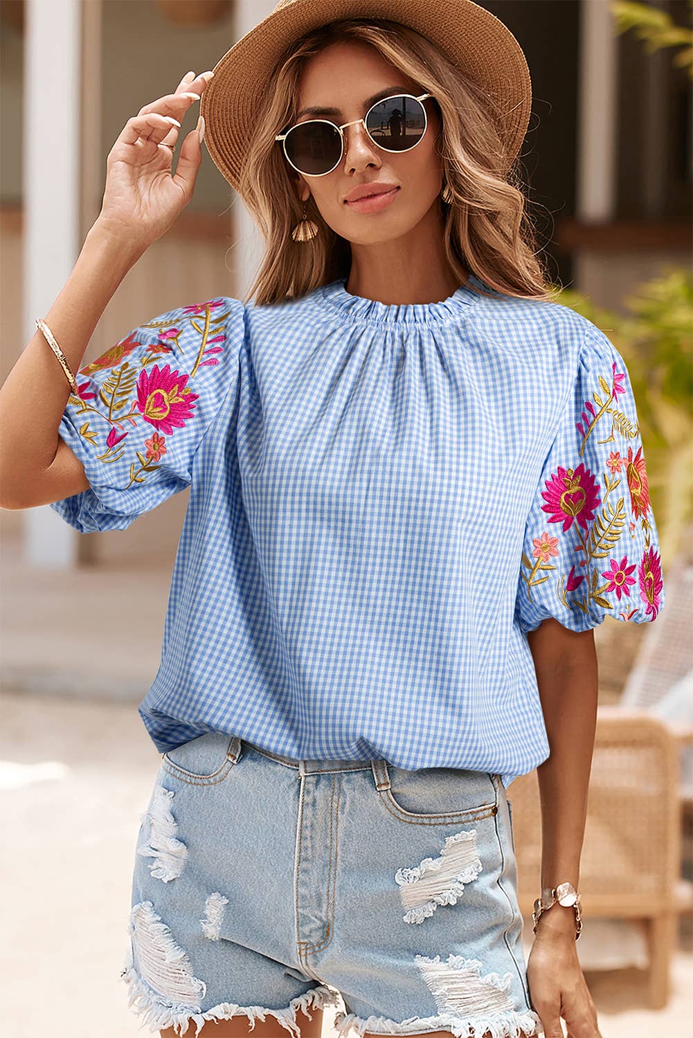 Gingham Embroidered Puff Sleeve Blouse
