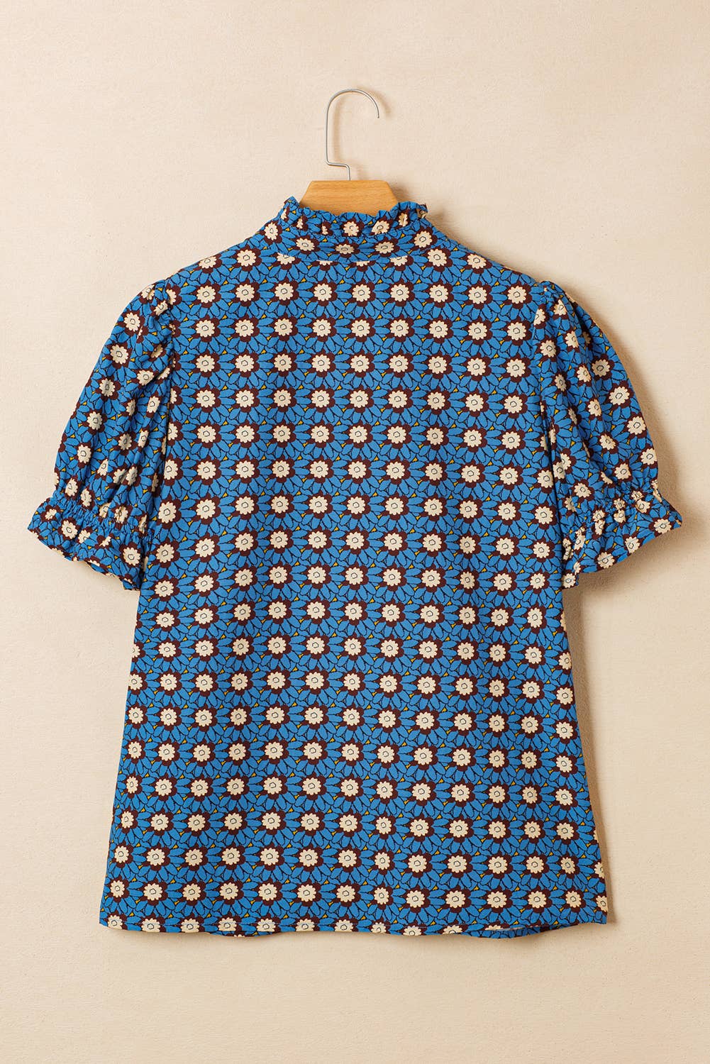 LDC Retro Floral V Neck Pleated Short Puff Sleeve Blouse