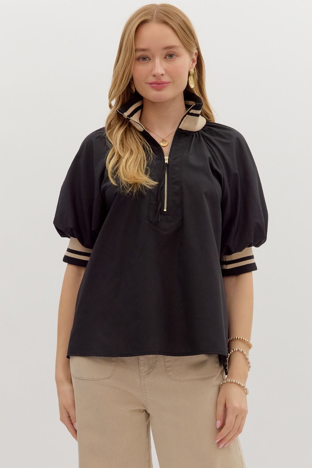 Entro Black Quarter Zip Blouse