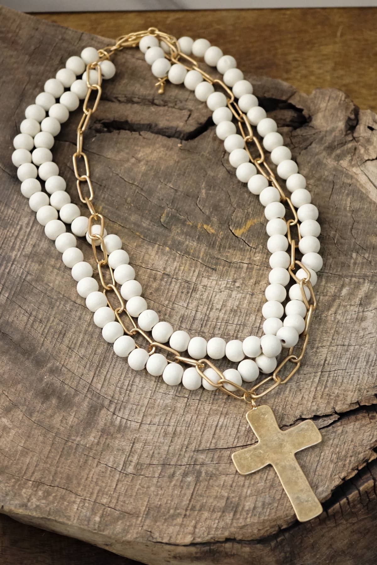 Multi Strand Wood Beaded Cross Necklace Cream
