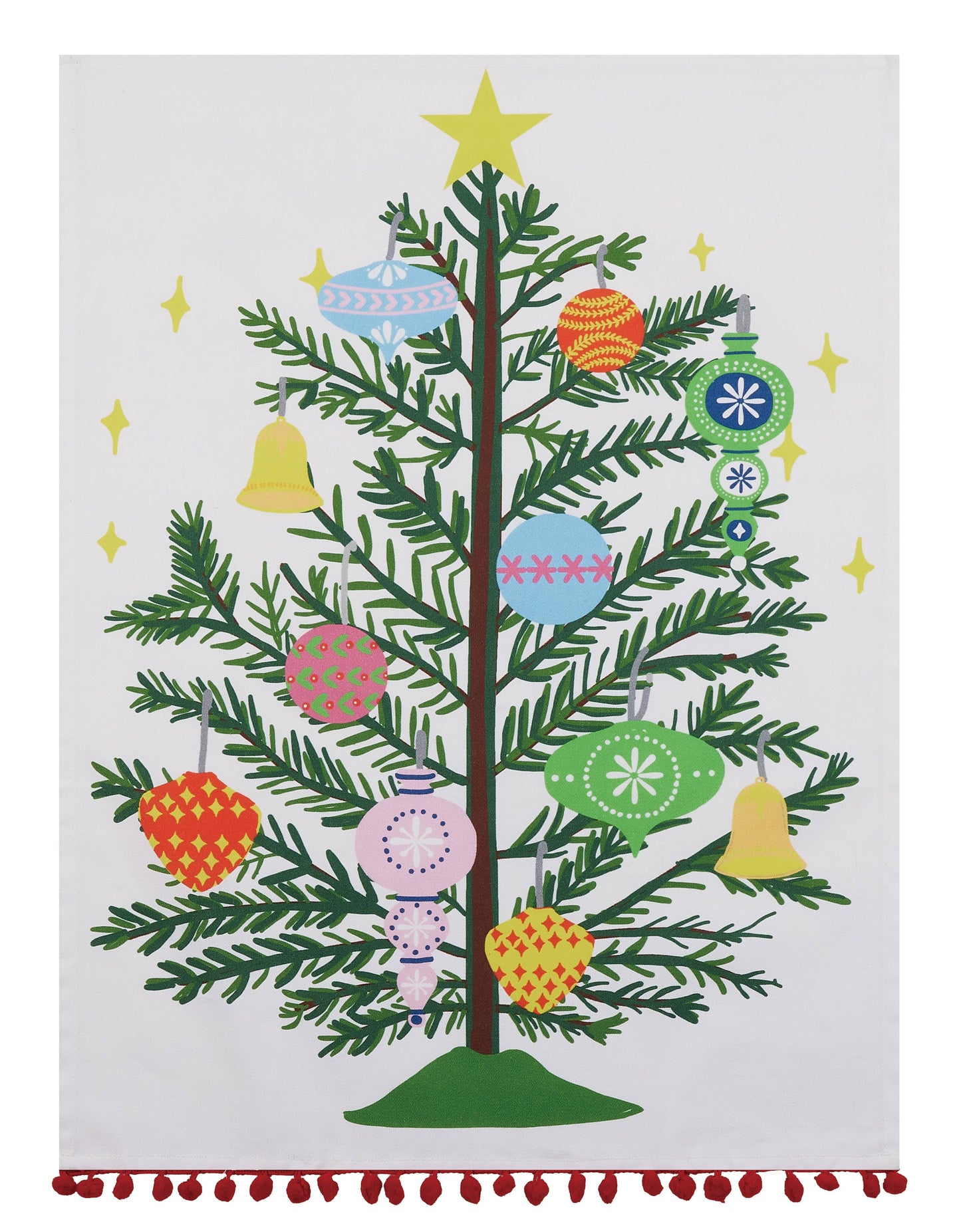 Vintage Xmas Tree W/Pom Pom Printed Towel