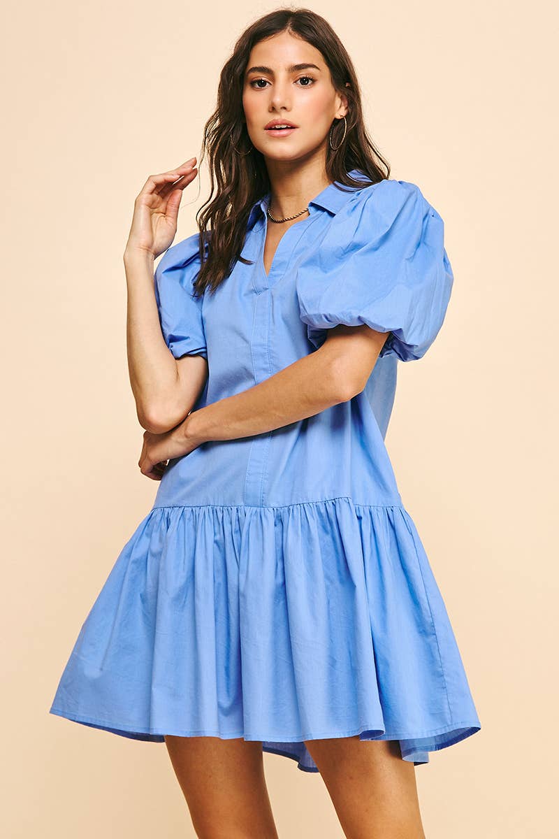 Baby Blue Collared Dress with Bubble Sleeve
